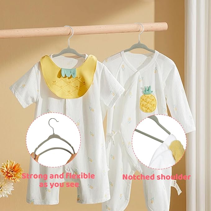 ManGotree 11" Baby Velvet Hangers, Non-Slip Infant Coat Hangers, Ultra-Thin Toddler Felt Hanger with 360° Swivel Hook, Space Saving Children's Hanger for Kids Clothes, 48 Pack (Grey)