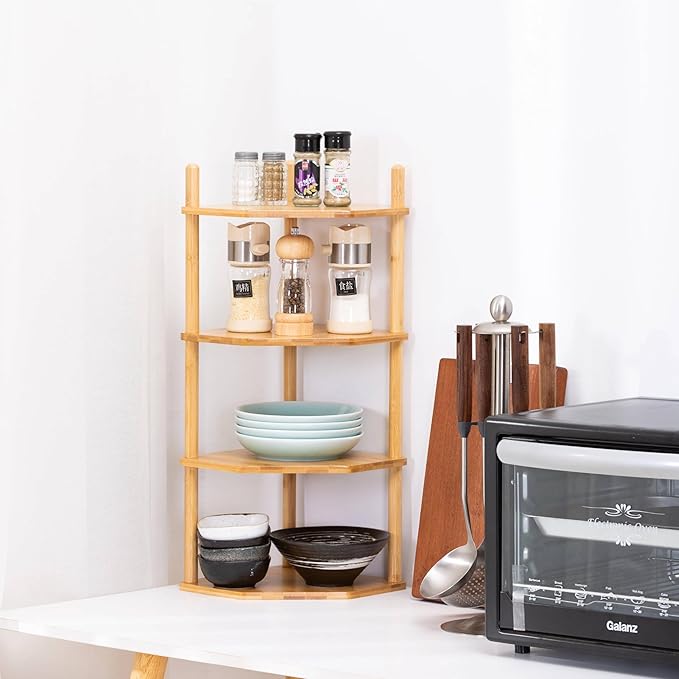 4 Tier Expandable Bamboo Corner Shelf - Dish/Plate Organizer for Cabinet, Kitchen Counter Shelf & Small Kitchen Shelf, Adjustable (1, 4Tier-6.7" H)