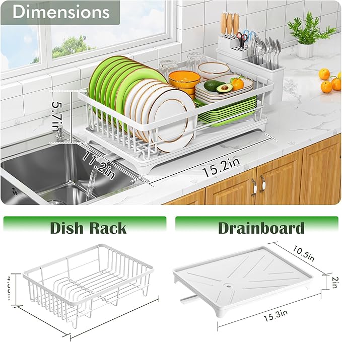 Dish Drying Rack - Space-Saving Small Dish Rack for Kitchen Counter, Rust-Resistant Kitchen Drying Rack, Compact Dish Drainer Organizer with Utensil Holder for Home Kitchen, White