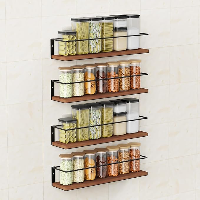 Spice Rack Self-Adhesive or drilling, Rustic Style Hanging Spice Rack, Spice Organization for Cabinet Door or Wall Mount, Over The Stove, Kitchen Wall, 4-Pack