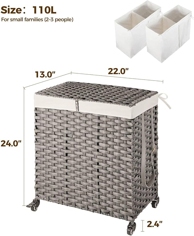 Greenstell Laundry Hamper with Wheels, No Install Needed, 110L Divided Handwoven Hampers & 2 Removable Liner Bags, Rattan Clothes Laundry Basket with Lid & Handles, Foldable Hampers Gray 22x13x26.4 In