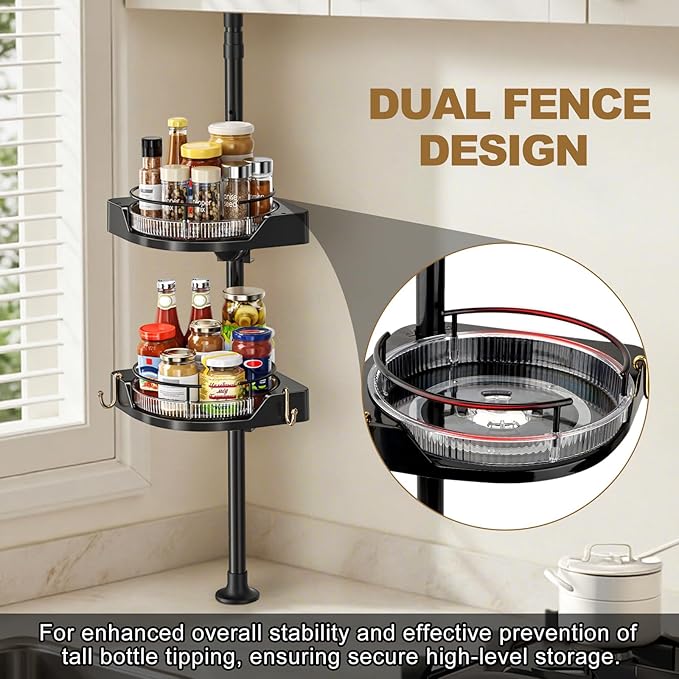 2-Tier Corner Spice Rack Organizer – 360° Rotatable, 19.68-43.5" Height Adjustable, 11LBS Load-Bearing with Hooks – Space-Saving for Kitchen Counter/Cabinet Gaps, Tame Seasoning Clutter (Black)