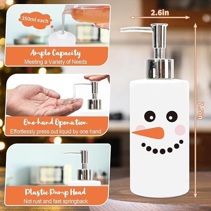 JarThenaAMCS Christmas Soap Dispenser Snowman Face Glass Hand Dispenser with Pump Refillable Liquid Soap Container for Winter Xmas Home Kitchen Bathroom Countertop