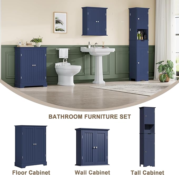 ChooChoo Bathroom Floor Cabinet, Modern Bathroom Storage Cabinet with 2 Doors and Adjustable Shelves, Freestanding Cupboard for Living Room, Blue