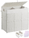 Greenstell Laundry Hamper with lid, No Install Needed, 130L Wicker Laundry Baskets Foldable 2 Removable Liner Bags, 2 Section Clothes Hamper Handwoven Rattan Laundry Basket with Handles, White