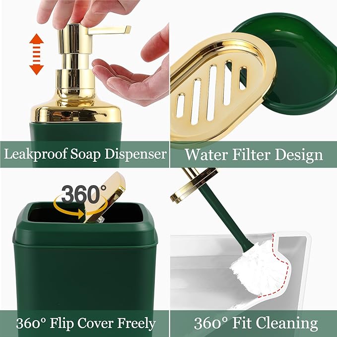 Bathroom Accessories Set, Green Bathroom Set, Dark Green Bathroom Accessory Set with Trash Can, Soap Dispenser, Soap Dish, Toothbrush Holder and Q-tip Holders