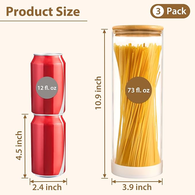 73oz Glass Spaghetti Pasta Containers for Pantry Organization, 3-Pack Large Airtight Food Jars with Bamboo Lids and Non-Slip Silicone Bases, Clear Storage Canisters for Flour, Cereal, Rice