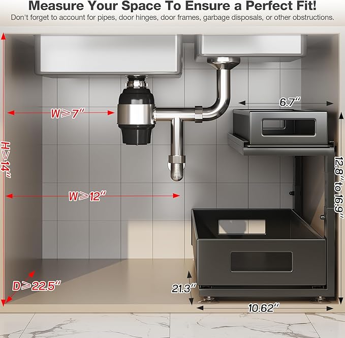 Corbyles 2 Pack 21.3IN-Depth Under Sink Organizer with Next-Gen Ball-Bearing Slides,2-Tier Pull Out Cabinet Storage,Height Adjustable Drawer Shelf for Bathroom,Kitchen,Laundry,Cabinet,Pantry-Black