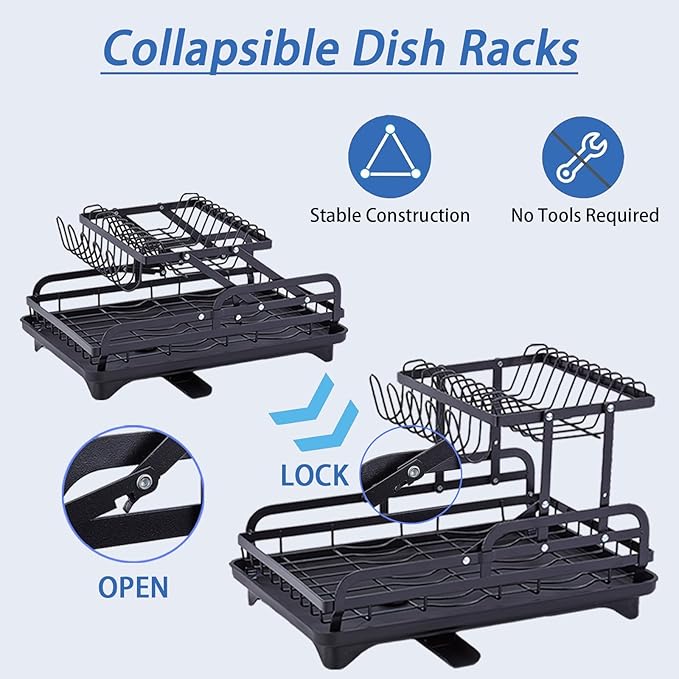 2 Tier Dish Drying Rack Automatic Drainage Board Space-Saving for Kitchen Counter with Cups Holder
