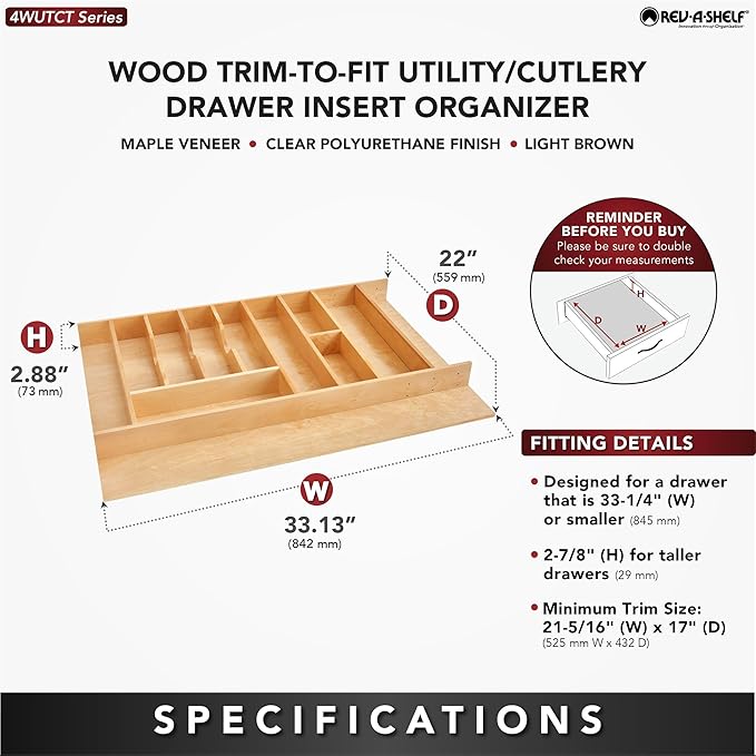Rev-A-Shelf Wood Trim-to-Fit Utensil Drawer Insert Organizer, 33" x 22" - Spoons, Forks, Silverware, and Cutlery Drop-In Storage Tray for Kitchen Cabinet Organization, 4WUTCT-36-1