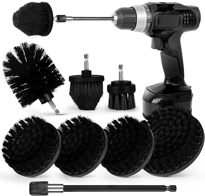 Drill Brush Attachment Set, 7 Pack 1/4in Power Scrubber Brush + Extend Long Rod, Brush Drill Attachment, Power Cleaning Scrub Brush for Bathroom, Tub, Tile, Corner, Floor（Black）