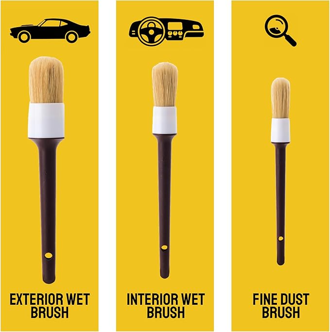 Soft Boar Hair Car Detailing Brush Set - 3-Pack, Brown - Car Detailing Kit for Versatile Uses - Soft Bristles Cleaning Brush - Water-Resistant Handles