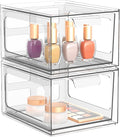 2 Pack Stackable Plastic Makeup Organizer Drawers, Acrylic Organizers, Clear Storage Bins with Pull-Out Handles for Vanity, Kitchen Cabinets, Pantry