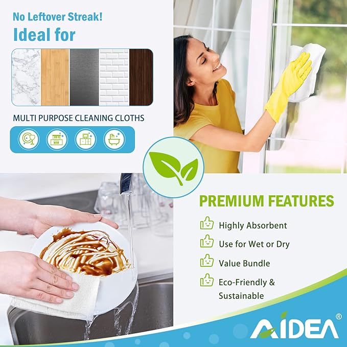 AIDEA Microfiber Cleaning Cloth White 50PK, Cleaning Rags, Lint Free Microfiber Towels, Kitchen Towels Dusting Cloth, Wash Cloths, Dish Rags White, 11.5"x 11.5"