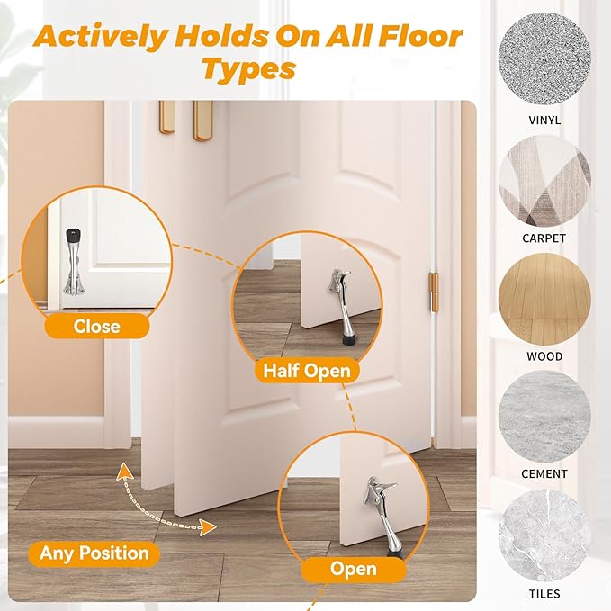 Kickdown Door Stopper 5Inches - 2 Packs One Touch Adjustable Height Door Stop for The Bottom of Door The Bottom of Door Aluminum Alloy Metal Door Stopper with Rubber Tip Satin Nickel