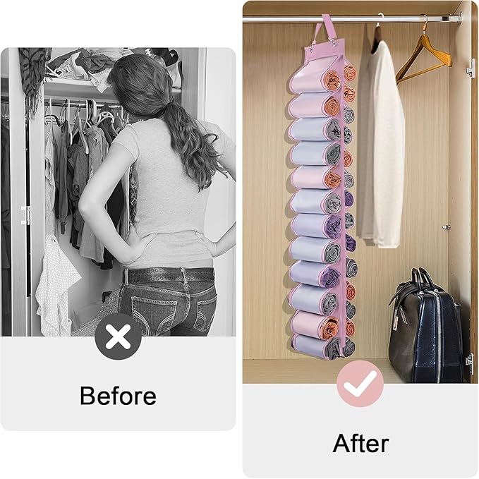 Legging Organizer Storage, Shirt Organizer, Foldable Hanging Closet Organizer Storage with 26 Roll Independent Compartments for Yoga Pants, Tank Top, Towel, Underwear (Pink)