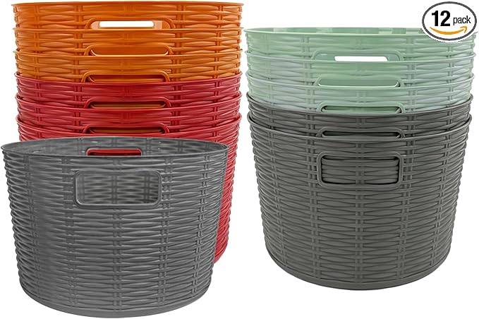 12-Pack Plastic Storage Baskets, Stackable & Nestable Organizer Bins for Toys, Clothes, Home (Multicolor - Circular)