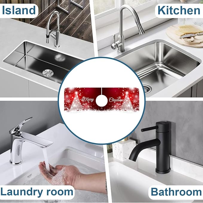 Christmas Merry Xmas Sink Faucet Absorbing Mat Santa Claus Super Absorbent Fast Drying Mat Sink Gadgets Behind Faucet Sinkmat for Kitchen Bathroom, 15.5"x5.5"