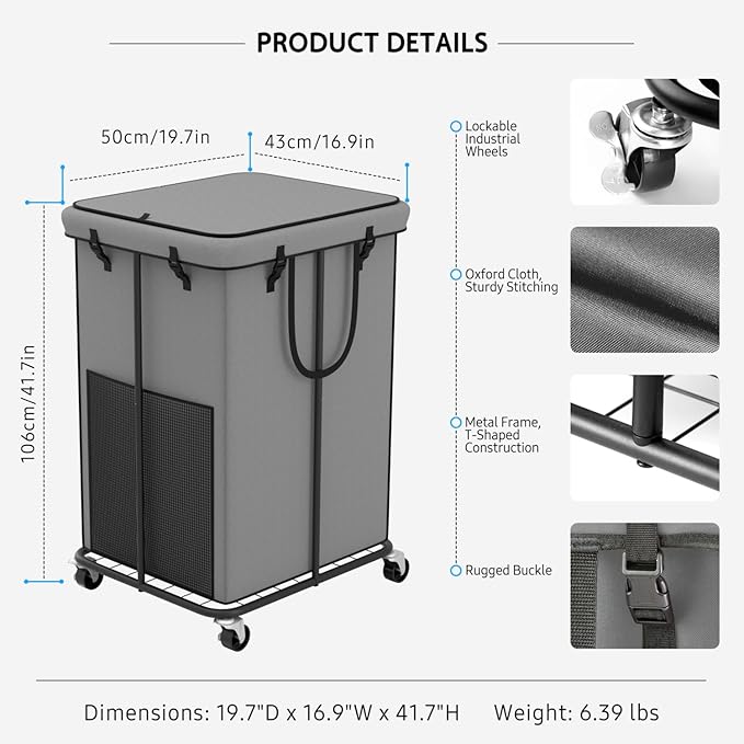 Large Laundry Hampers with Lid, Oxford Fabric Laundry Hampers, Metal Frame and Removable Bag Design with Wheels, Suitable for Bedroom, Bathroom, Dorm Room, Laundry Room (Grey with Lid)