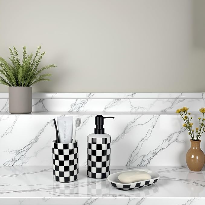 Bathroom Toothbrush Holder Set, Ceramic Soap Dispenser and Tooth Brush Holder and Soap Dish Set, Bathroom Accessories Sets Countertop, Black and White Checkered Bathroom Decor Set