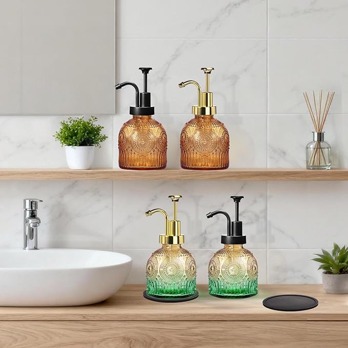 Amolliar 8 Oz Vintage Glass Bathroom Soap Dispensers with Pump, Refillable Kitchen Dish Soap Dispenser with Stripe, Antique Rustic Hand Soap Liquid Bottle (Brown-Black Pump)