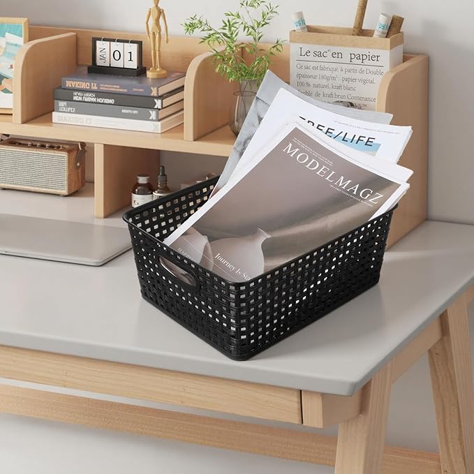 Pack of 4 Plastic Storage Basket,11.4"X9"X4.7" Black Desktop File Paper Letter Organizer Tray,Plastic Baskets for Organizing