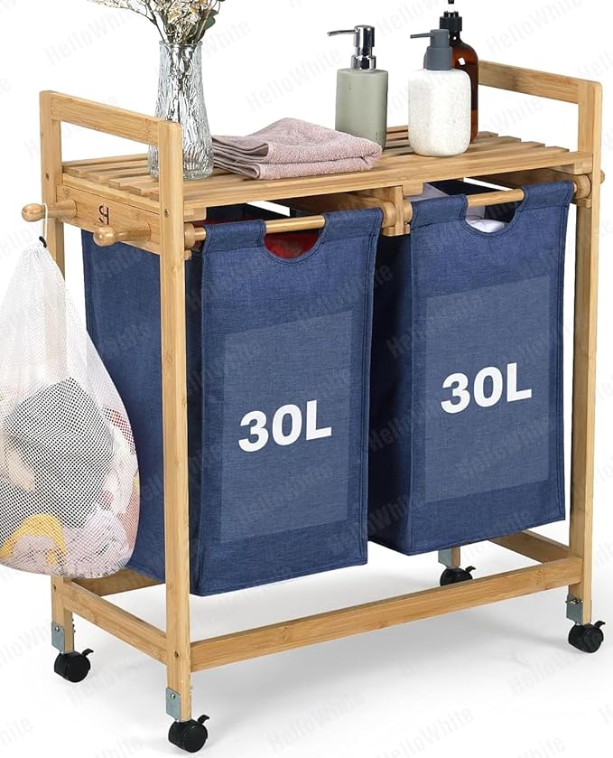 30L Double Laundry Basket with Lid – Solid Wooden Hamper Basket with Shelf, 2 Removable Washing Baskets & Wheels, Heavy Duty Rolling Laundry Organizer for Small Spaces