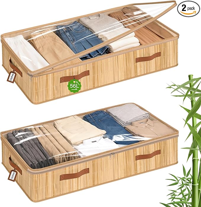 Livole 2 Pack Bamboo Under Bed Storage, 6 inches Underbed Storage Containers, 56L XXL Under Bed Storage Bins with Clear Lid & Label for Clothes, Blankets, Sweater, Shoes