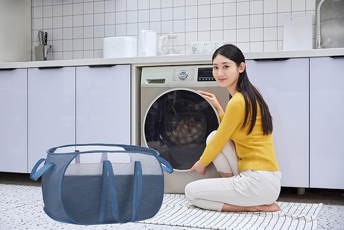 pop-up laundry basket，with Durable Handles collapsible Mesh laundry Hamper,Easy to Open and Fold,Premium Cationic Fabric… (Cationic blue)