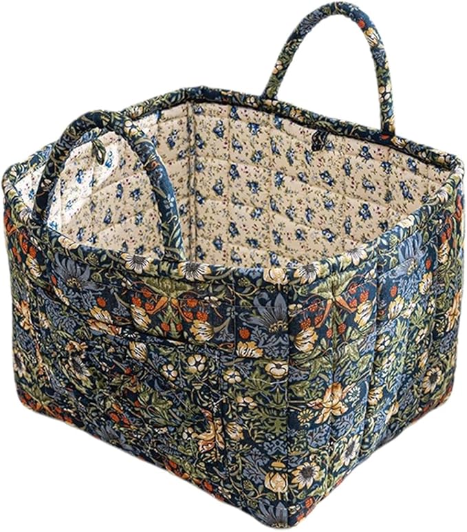 Quilted Fabric Storage Basket with Handles – Boho Foldable Floral Organizer Bin for Home, Picnic, Shopping, Travel 13"x11"x10" (Olive Floral)
