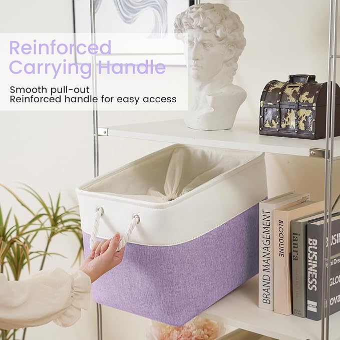 Large Storage Baskets- 16x12x12 inch Storage Bins for Shelves and Closet Organizing, Foldable Fabric Bin for Home Organization Clothes and Laundry (3-Pack, White&Purple)