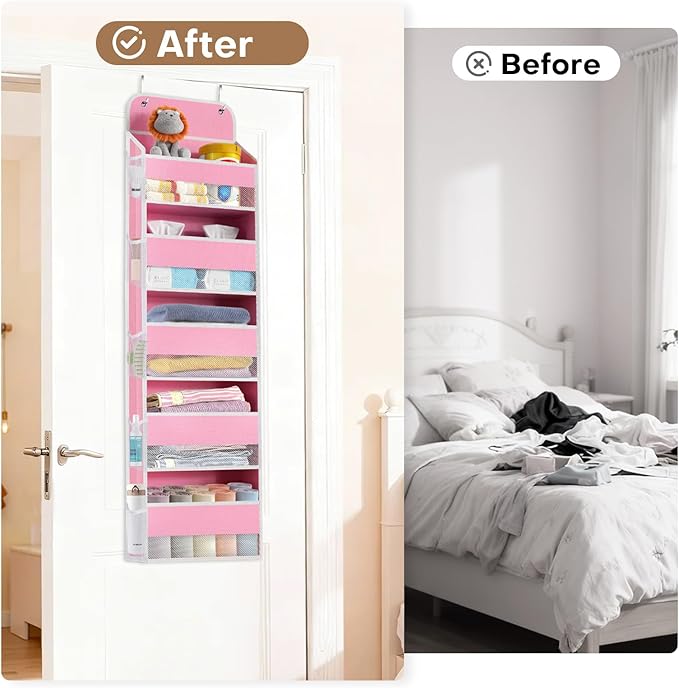 SpaceWhisper Over the Door Organizer, 5 Large Pocket Hanging Storage Organizer with 40lb Capacity, Space Saving for Nursery, Bathroom, Bedroom, Closet - Baby Essentials & Toiletry Organizer (Pink)