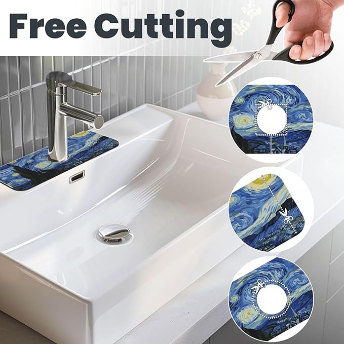 The Starry Night Kitchen Sink Splash Guard Faucet Mat Super Absorbent Fast Drying Mat Sink Gadgets-Fast Drying Pad Sink Mat For Kitchen Bathroom (15" X 5.5" )