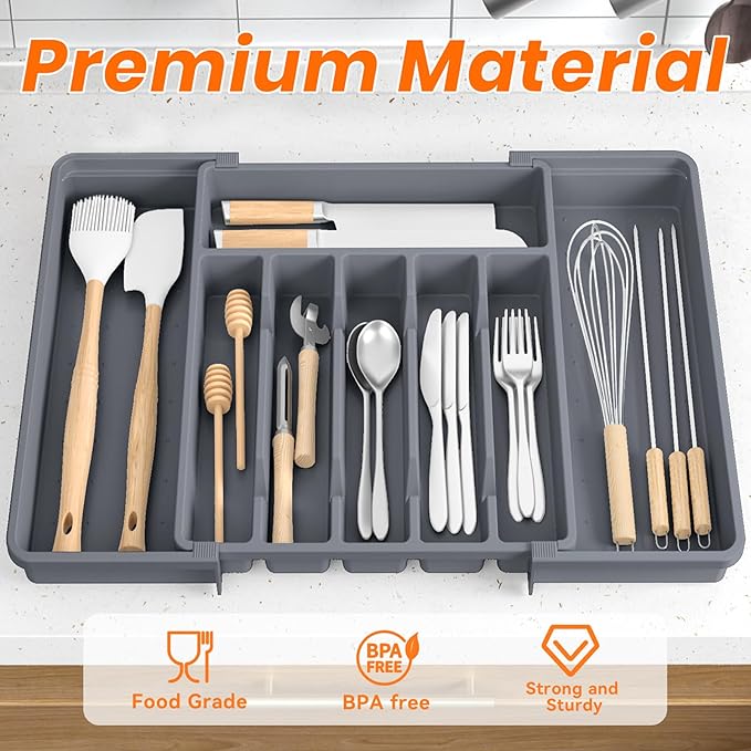 Large Silverware Organizer,Expandable Utensil Drawer Organizer,BPA Free Utensil Holder,Adjustable Silverware Tray Cutlery Drawer Organizer for Kitchen Flatware,Large,Grey (6-8 Slots)
