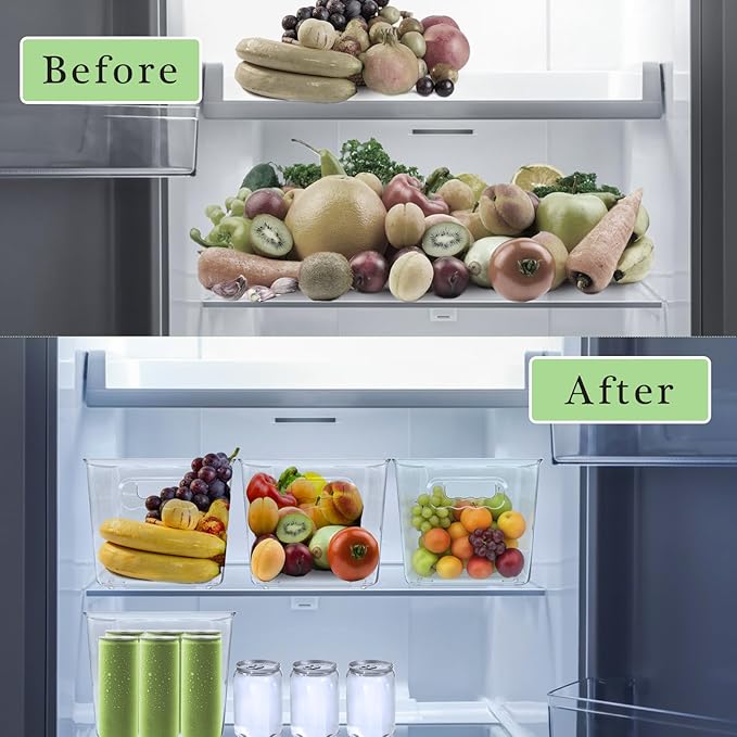 6 Pack Clear Plastic Storage Bins with Handles, Stackable Pantry Fridge Cabinet Under Sink Organizers and Storage, Multi-use Large Home Kitchen Bathroom Organization for Shelf Closet Drawer