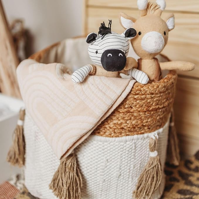 Crane Baby Boho Safari Nursery Decor Baby Storage Bin, Cotton & Jute Collapsible Fabric Basket Organizer, 13X12 Jute 13 X 12 Inches Beige
