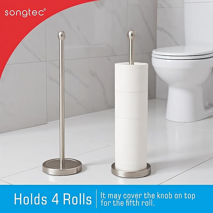 Songtec Toilet Paper Holder Stand with Reserve, Floor Standing Tisse Roll Holder for 4 Rolls, Compact Design Bathroom Toilet Paper Storage - Brushed Nickel