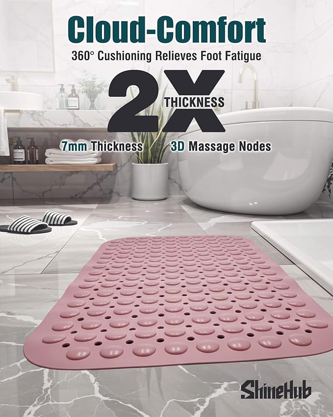 ShineHub Non-Slip Bath Mat for Tub Shower, TPE Machine Washable Bathroom Essentials with Suction Cups, Quick-Dry 28x16 inch (Dusty Blossom Pink)