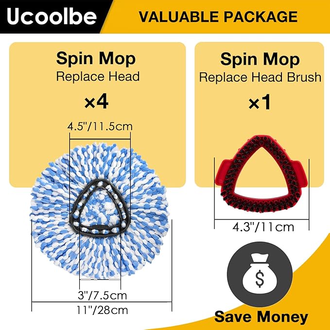 Spin Mop Replacement Heads for O Cedar RinseClean 2-Tank System, 4 Pack Microfiber Mop Refill Heads, Include 4 Mop Heads and 1 Mop Brush
