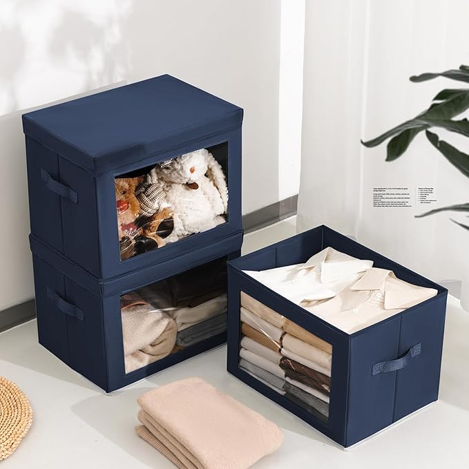 Stackable Storage Bins with Lids - Large Storage Box with Lids, Foldable Closet Boxes for Organizing, Wardrobe Clothes Organizer with Window, Cubes Bins for Living Room, 6 Pack, Navy Blue