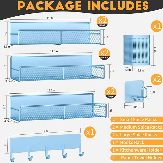 Magnetic Spice Rack for Refrigerator, 10 Pack Metal Magnetic Shelf, Moveable Spice Organizer with Hook Rack, Paper Towel Holder, Kitchenware Holder, Strong Magnetic Storage Fridge Organizer Blue