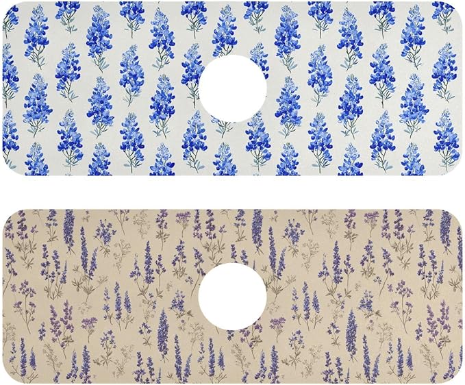 Watercolor Bluebonnets Lavender Herb Kitchen Sink Splash Guard Sink Faucet Mat Faucet Handle Drip Catcher Drain Mats for Kitchen Bathroom Countertop Absorbent Dish Drying Pad 2Pack