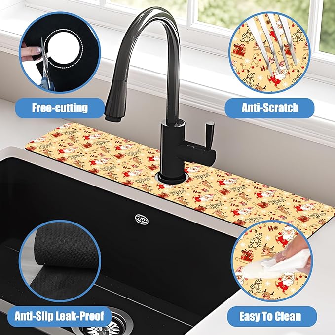 Chrismas Sink Splash Guard Faucet Mat Cute Christmas Absorbent Fast Drying Mat Sink Gadgets Splash Guard Behind Faucet Drip Catcher for Kitchen Bathroom 23.5"X5.5"