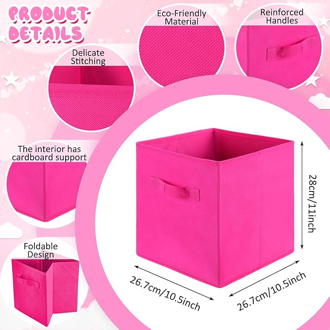 Yinder 12 Pcs Cube Storage Bin Pink 11'' Storage Bins for Playroom Decor Colorful Bins for Kids Foldable Baskets for Nursery Organizer Boxes Fabric Boxes