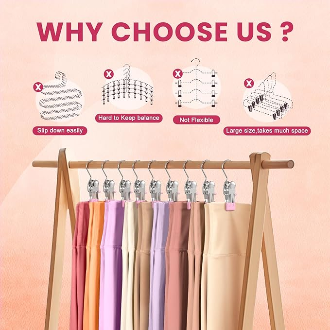 30 Pack Pants Hangers with Clip,Legging Organizer for Closet Hanging, Space Saving Yoga Pants Hangers Clip Hanger Wardrobe Organization,Closet Organizers and Storage for Jeans,Shorts,Skirts,Hats-Pink
