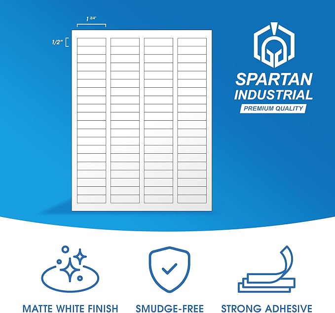 1.75" X 0.5" Matte White Printable Labels for Inkjet and Laser Printers - 500 Sheets, 40000 Custom Stickers for Return Address Labels, Price Tags, File Folders - Spartan Industrial Template R002