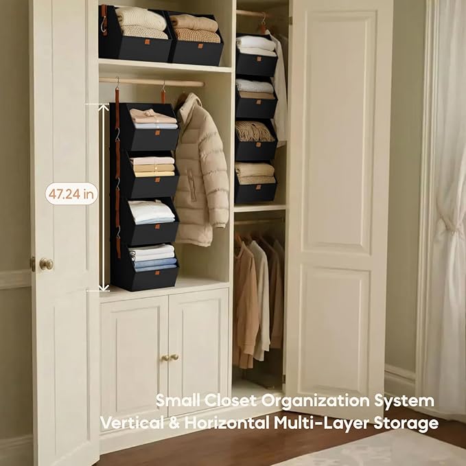 Hanging Closet Organizer 4 Tier - Clothes Hanging Shelves, Space-Saving Closet System, Fabric Storage Bins Bedroom Organization, Collapsible Baskets for Home, Dorm, Rv, Black, 8 Pack