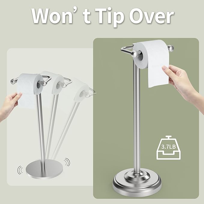 WZRUA Toilet Paper Holder Stand, Brushed Nickel Toilet Paper Holder Free Standing,Post Pivoting Design & Stable Weighted Base SUS304 Stainless Steel for Bathroom
