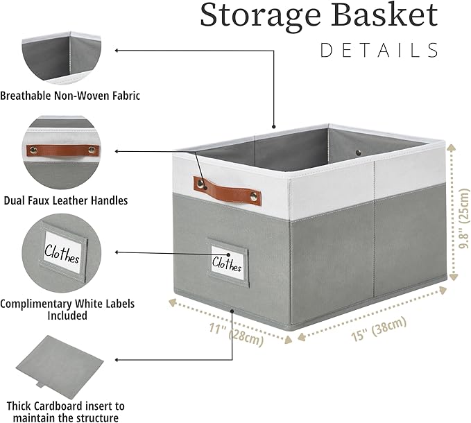 DECOMOMO Storage Baskets for Shelves - Large 15"x11"x10" Foldable Fabric Storage Bins, Baskets for Organizing with Labels (Grey & White, 4pcs)