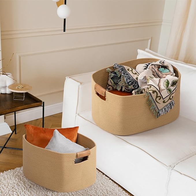 danpinera 108 L Blanket Basket for Living Room, Toy Basket With Leather Handle, Large Storage Bins for Toys, Pillows, Clothes, Rectangle Large Cotton Rope Basket, 25’’*16’’*16’’ Jute